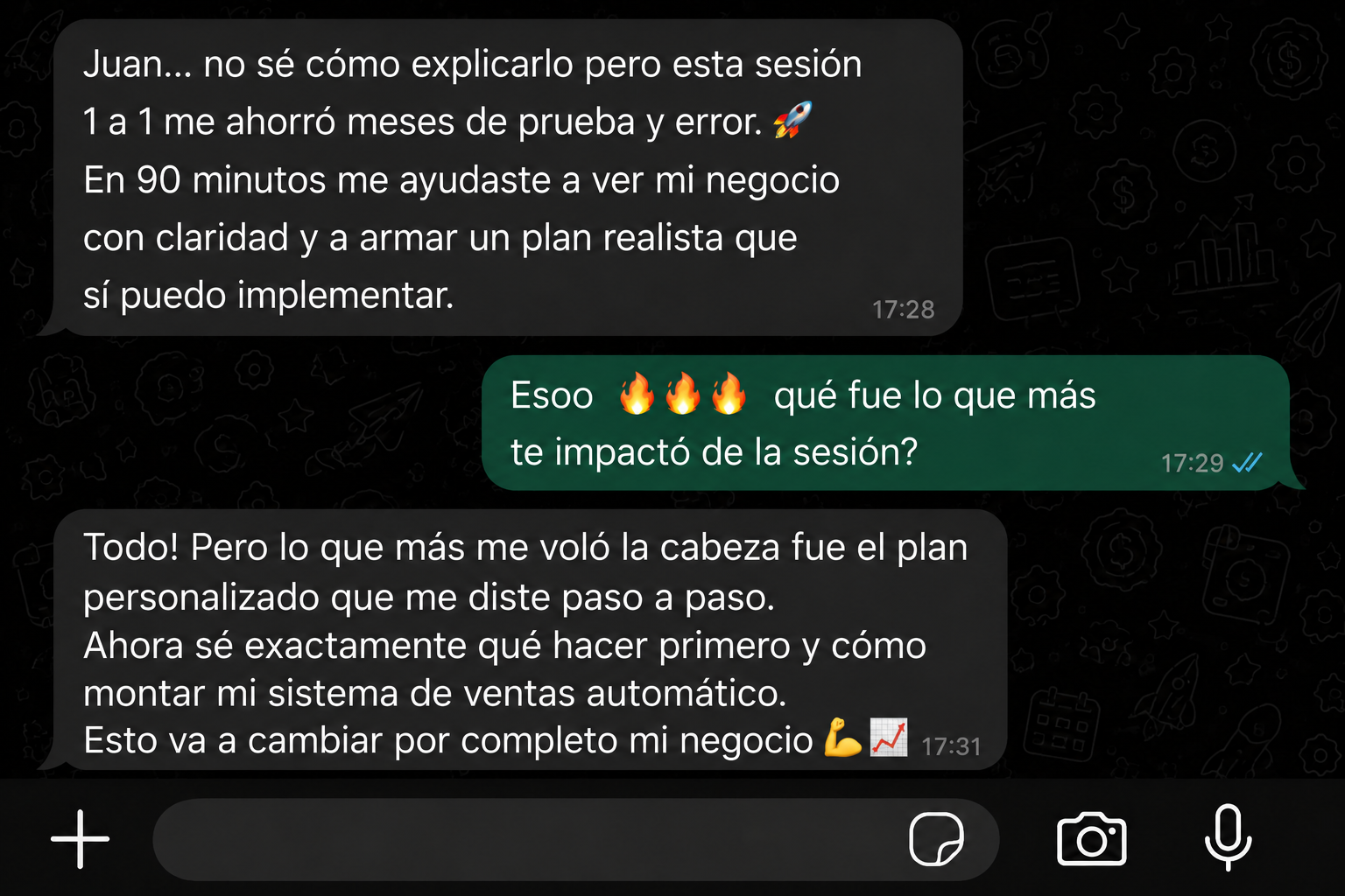 Conversación de WhatsApp con resultados de un alumno